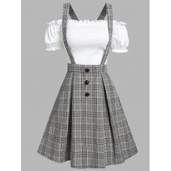 

Vintage Ruched Off The Shoulder Tee and Crisscross Plaid Suspender Skirt Set, White