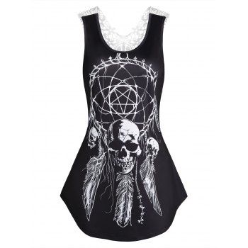 

Dreamcatcher Skull Print Lace Panel Tank Top, Black