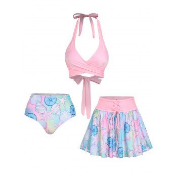 

Marine Life Print Halter Three Piece Tankini Swimsuit, Light pink