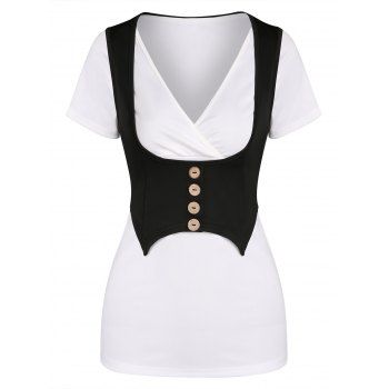 

Two Tone Surplice Basic T-shirt and Waistcoat Set, White