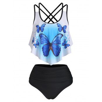 

Crisscross Butterfly Print Flounce Tankini Swimsuit, Multicolor