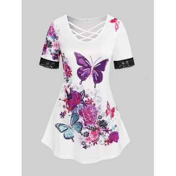 

Plus Size Floral Butterfly Print Crisscross Tee, White