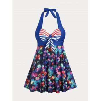 

Plus Size & Curve Halter Underwire Backless Butterfly Print Tankini Swimsuit, Deep blue