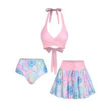 dresslily Marine Life Print Halter Three Piece Tankini Swimsuit