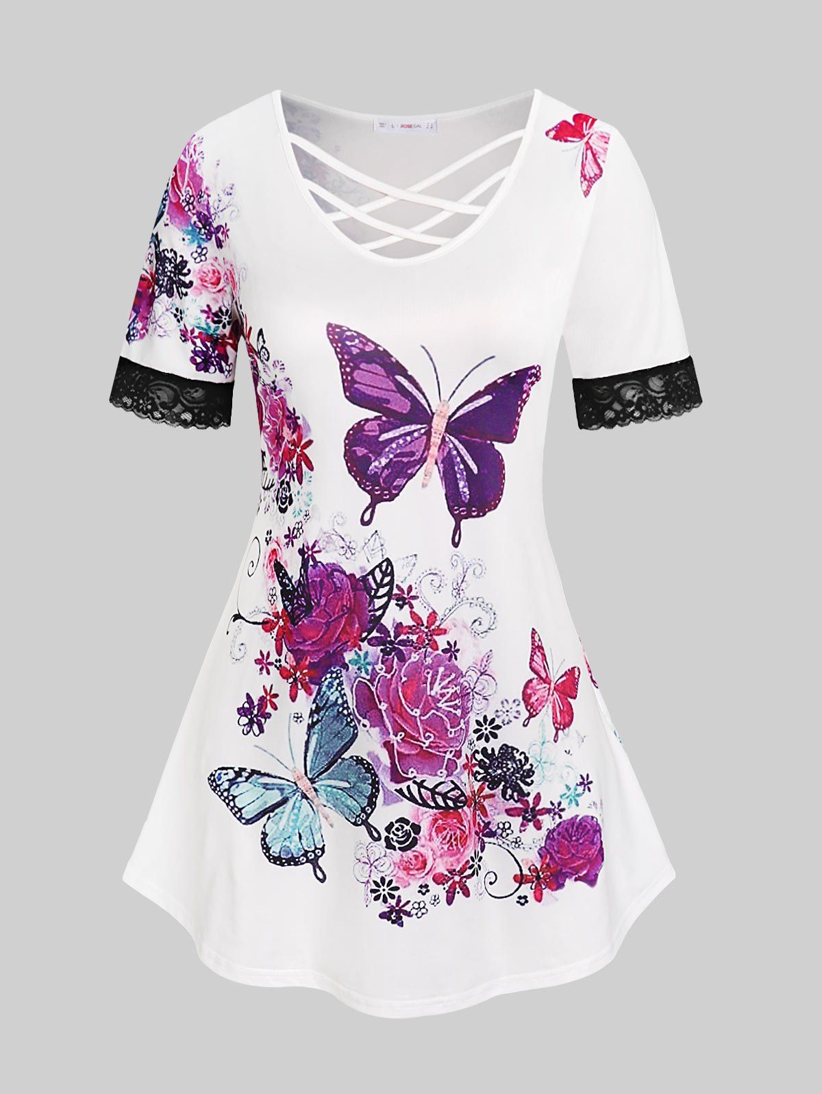 T-shirt Croisé à Imprimé Papillon Floral de Grande Taille - Blanc 1X