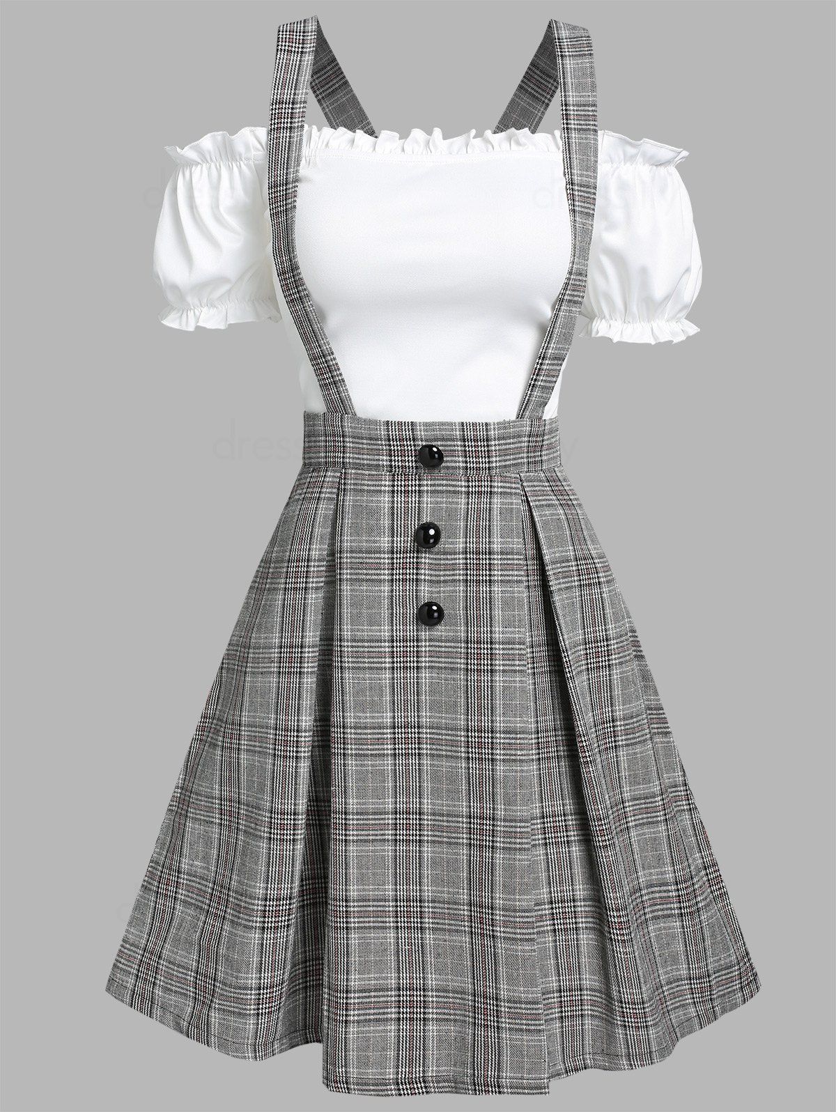 Vintage Ruched Off The Shoulder Tee and Crisscross Plaid Suspender Skirt Set - WHITE XXXL