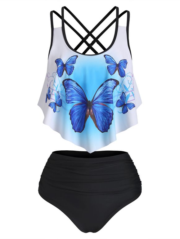 Crisscross Butterfly Print Flounce Tankini Swimsuit - multicolor S
