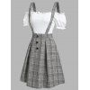 Vintage Ruched Off The Shoulder Tee and Crisscross Plaid Suspender Skirt Set - WHITE M