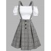 Vintage Ruched Off The Shoulder Tee and Crisscross Plaid Suspender Skirt Set - WHITE XXXL