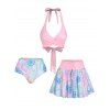 Maillot de Bain Tankini Trois-Pièces Dos-Nu à Imprimé Vie Marine de Vacance - Rose clair M
