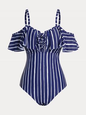 Plus Size Striped Lace-up Flounce One-piece Swimsuit