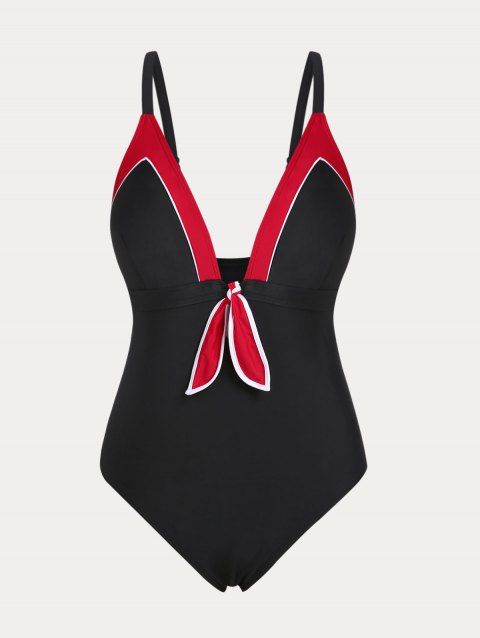Knot Piping Colorblock Plus Size One-piece Swimsuit