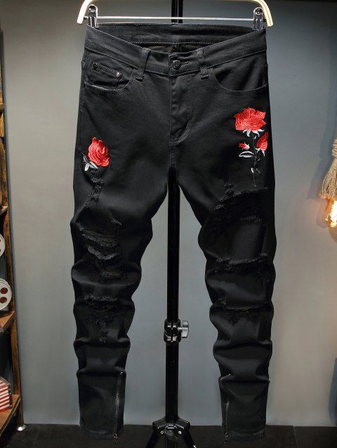 Flower Embroidery Distressed Ripped Jeans