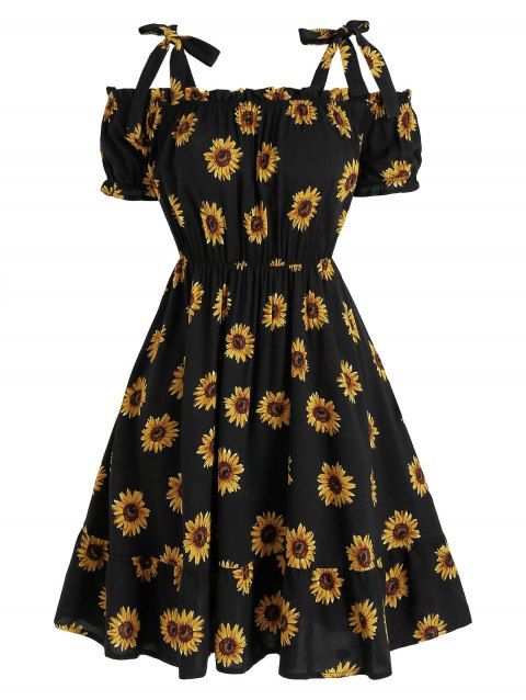 Plus Size Dress Sunflower Dress Tied Shoulder Cold Shoulder A Line Midi Dress