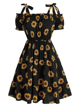 Plus Size Sunflower Tie Strap Cold Shoulder Dress