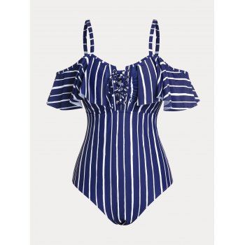 

Plus Size Striped Lace-up Flounce One-piece Swimsuit, Deep blue