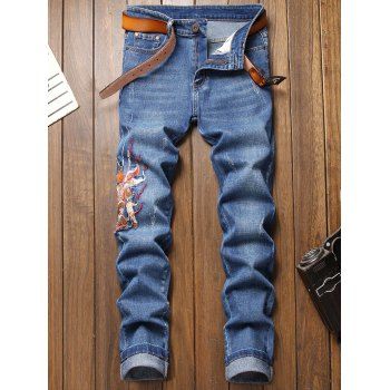 

Monkey King Embroidery Patchwork Scratches Jeans, Blue