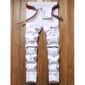 

Destroy Wash Zipper Embellishment Denim Pants, White