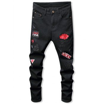 

Flower Letter Embroidery Scratches Denim Pants, Black