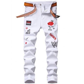 

Flower Letter Embroidery Scratches Denim Pants, White