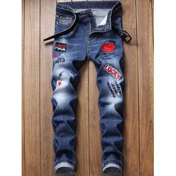 

Flower Letter Embroidery Scratches Denim Pants, Blue