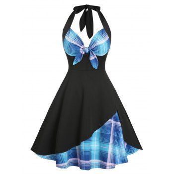 

Plaid Print Halter Dress Knotted Corset Style A Line Dress Backless Sleeveless Vintage Dress, Black