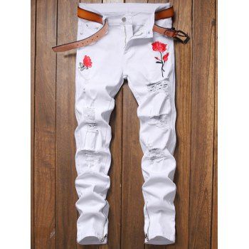

Flower Embroidery Distressed Ripped Jeans, White