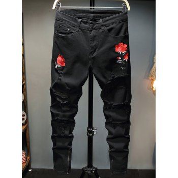

Flower Embroidery Distressed Ripped Jeans, Black