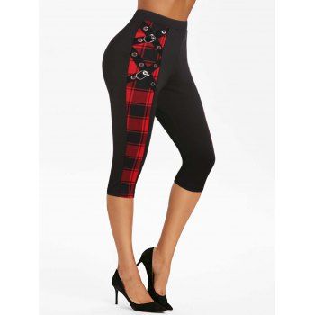 

Plaid Grommet Buckle Detail Capri Leggings, Black