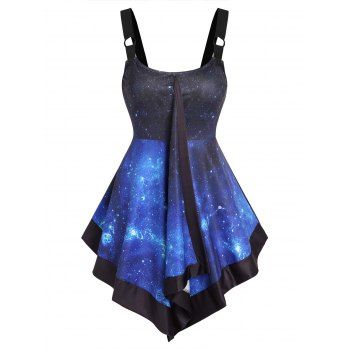 

Ombre Galaxy Print Asymmetrical O Ring Tank Top, Blue