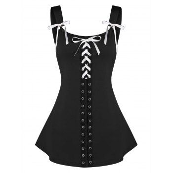 

Lace Up Bow Tie Grommet Skirted Tank Top, Black