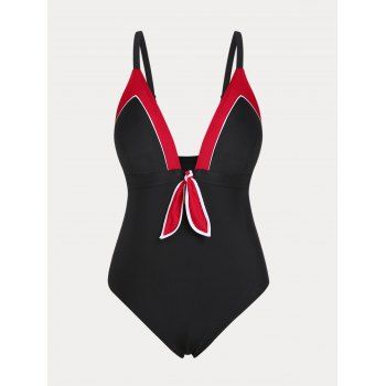 

Knot Piping Colorblock Plus Size One-piece Swimsuit, Black