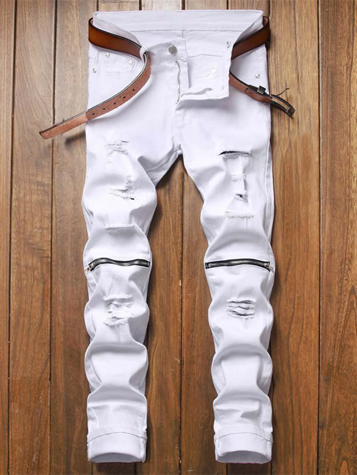 Pantalon en Jean Style Délavé et Déchiré avec Fermeture Éclair - Blanc 36