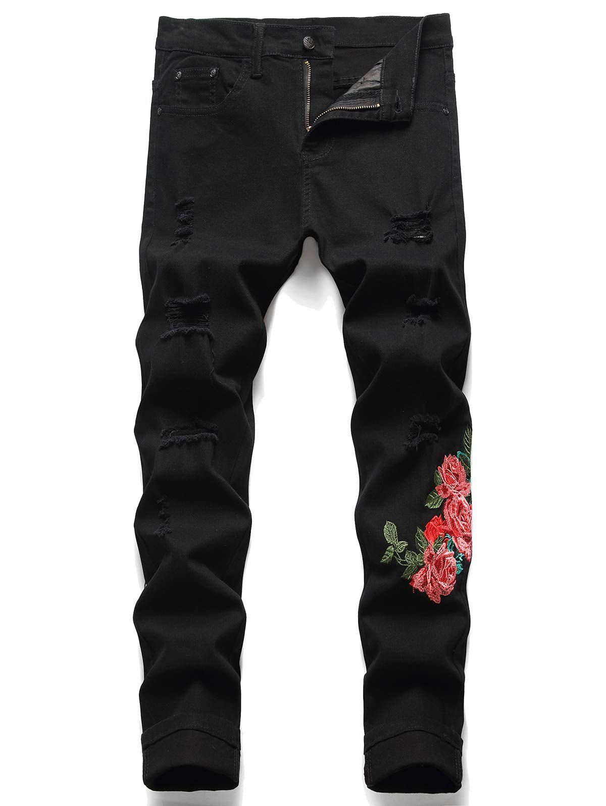 Flower Embroidery Ripped Distressed Jeans - BLACK 38