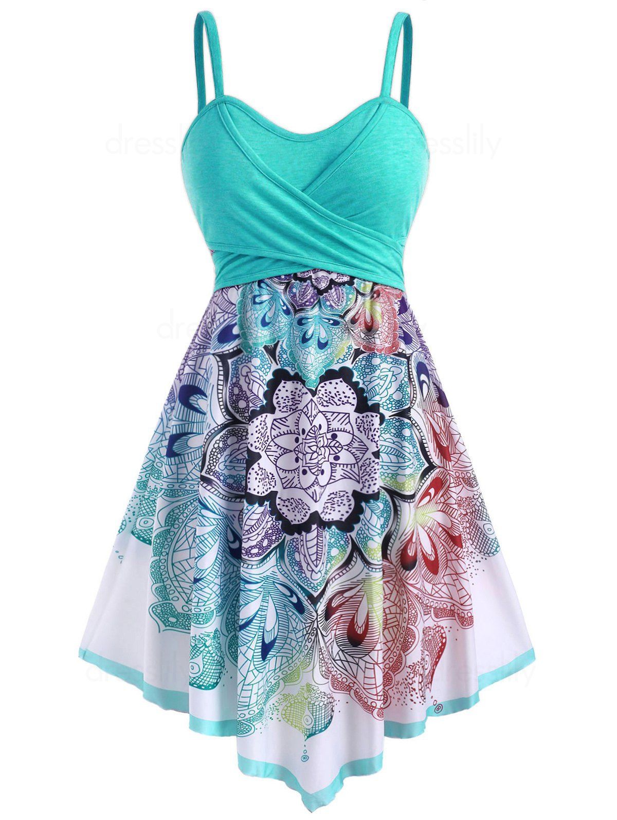 Plus Size Flower Print Crossover Bohemian Dress - GREEN 5X