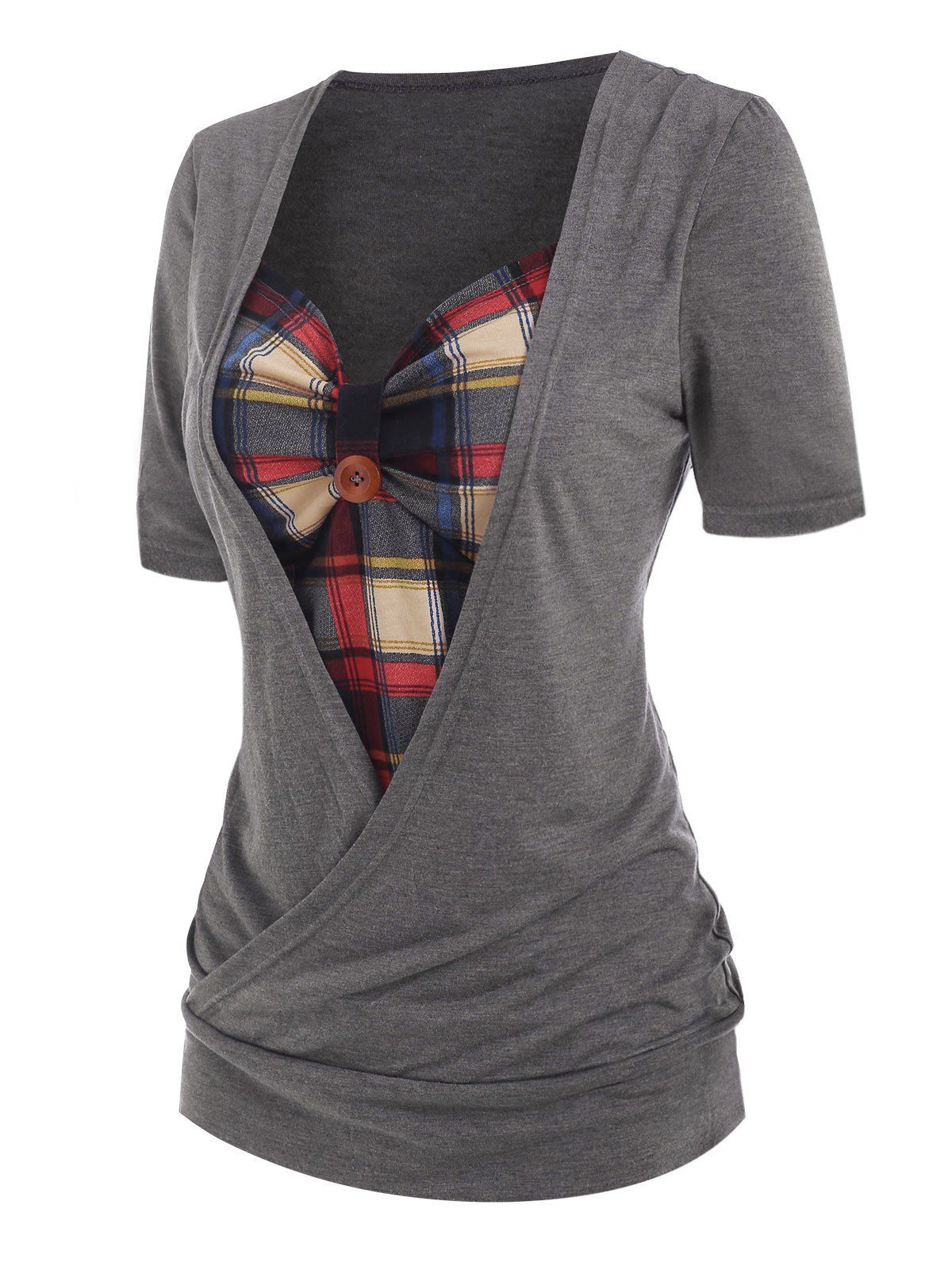 Plaid Print Faux Twinset Short Sleeve Cross Ruched Bust Tee - GRAY M