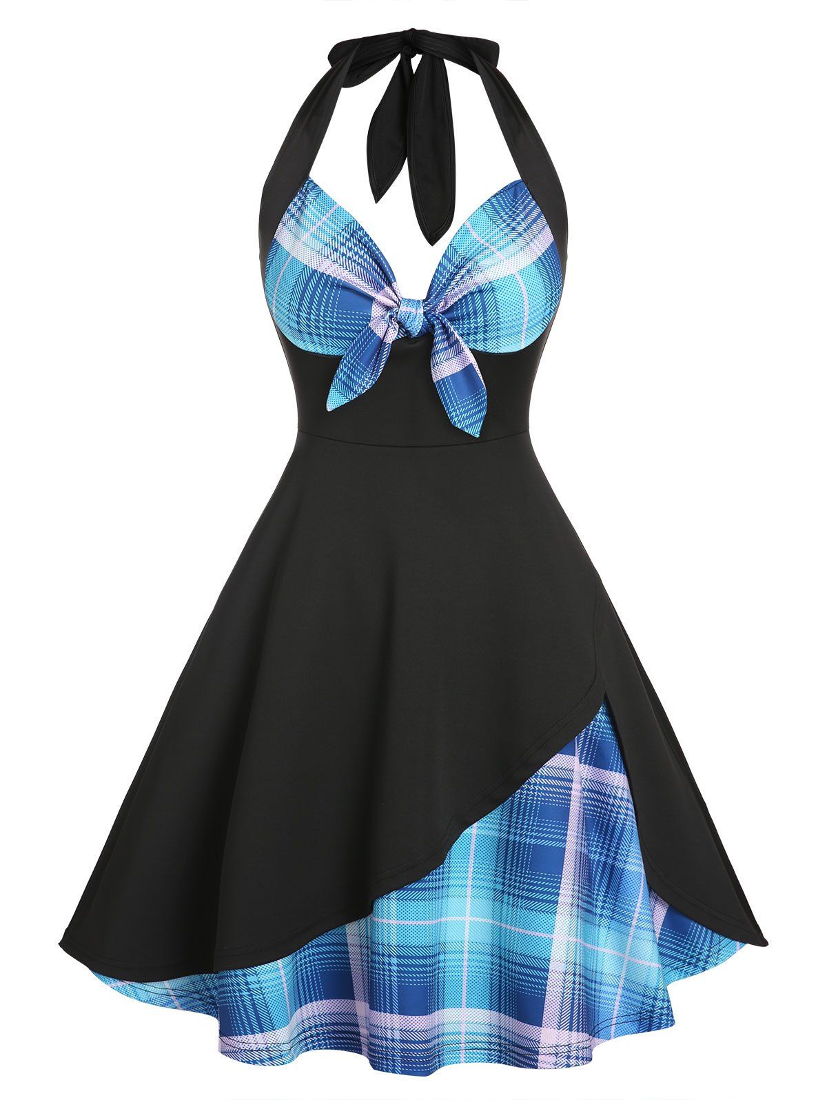 Plaid Print Halter Dress Knotted Corset Style A Line Dress Backless Sleeveless Vintage Dress - BLACK XL