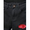 Flower Letter Embroidery Scratches Denim Pants - BLACK 30