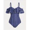 Maillot de Bain Rayé de Grande Taille à Volants Une-Pièce - Bleu profond 2X