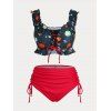 Maillot de Bain Planète Amusant à Epaule Dénudée de Grande Taille à Lacets Deux Pièces - Rouge 2X