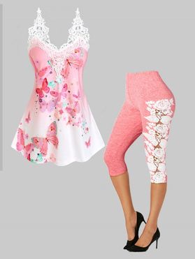 Flower Guipure Butterfly Print Tank Top And Heathered Capri Leggings Outfit