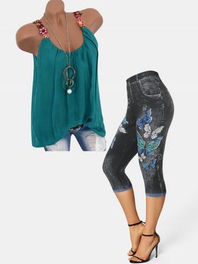 Embroidery Floral Top and Butterfly Capri Leggings Outfit
