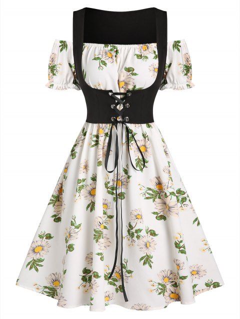 Floral Off Shoulder Dress and Lace Up Corset Style Top Set