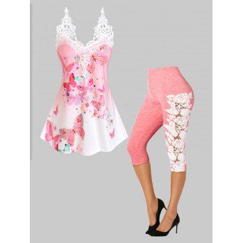 Flower Guipure Butterfly Print Tank Top And Heathered Capri Leggings Outfit