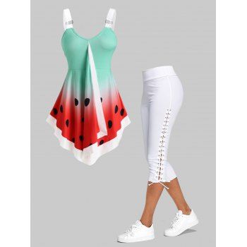 Watermelon Print Tank Top And Lace Up Capri Leggings Outfit