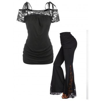 Tie Strap Lace Panel Tee and Ruched Flare Pants Outfit