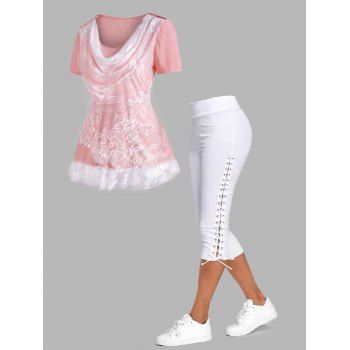 

Lace Panel Draped Tee and Capri Lace Up Leggings Outfit, Light pink