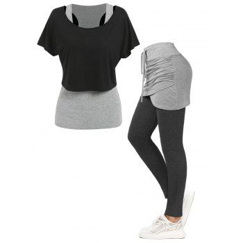 

Cropped Tee and Heathered Tank Top Set & Ruched Skirted Leggings Outfit, Black
