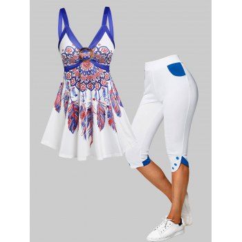

American Flag Feather Tank Top and Capri Leggings Outfit, Multicolor