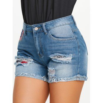 

American Flag Print Patchwork Ripped Denim Shorts, Blue